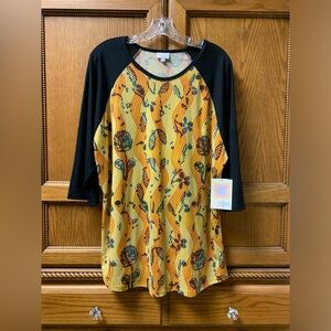 NWT! LuLaRoe Women “Randy” 3/4 Sleeve Tshirt Black & Yellow w/ Fun Pattern 2XL